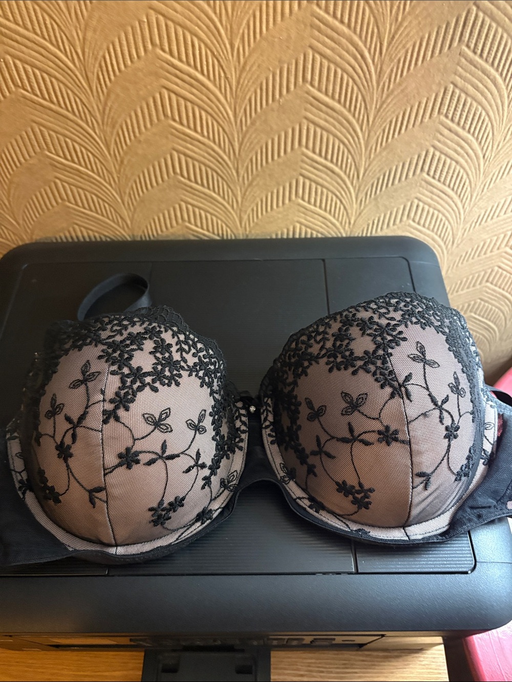 smart & sexy Black Floral Lace Bra on Nude Base
